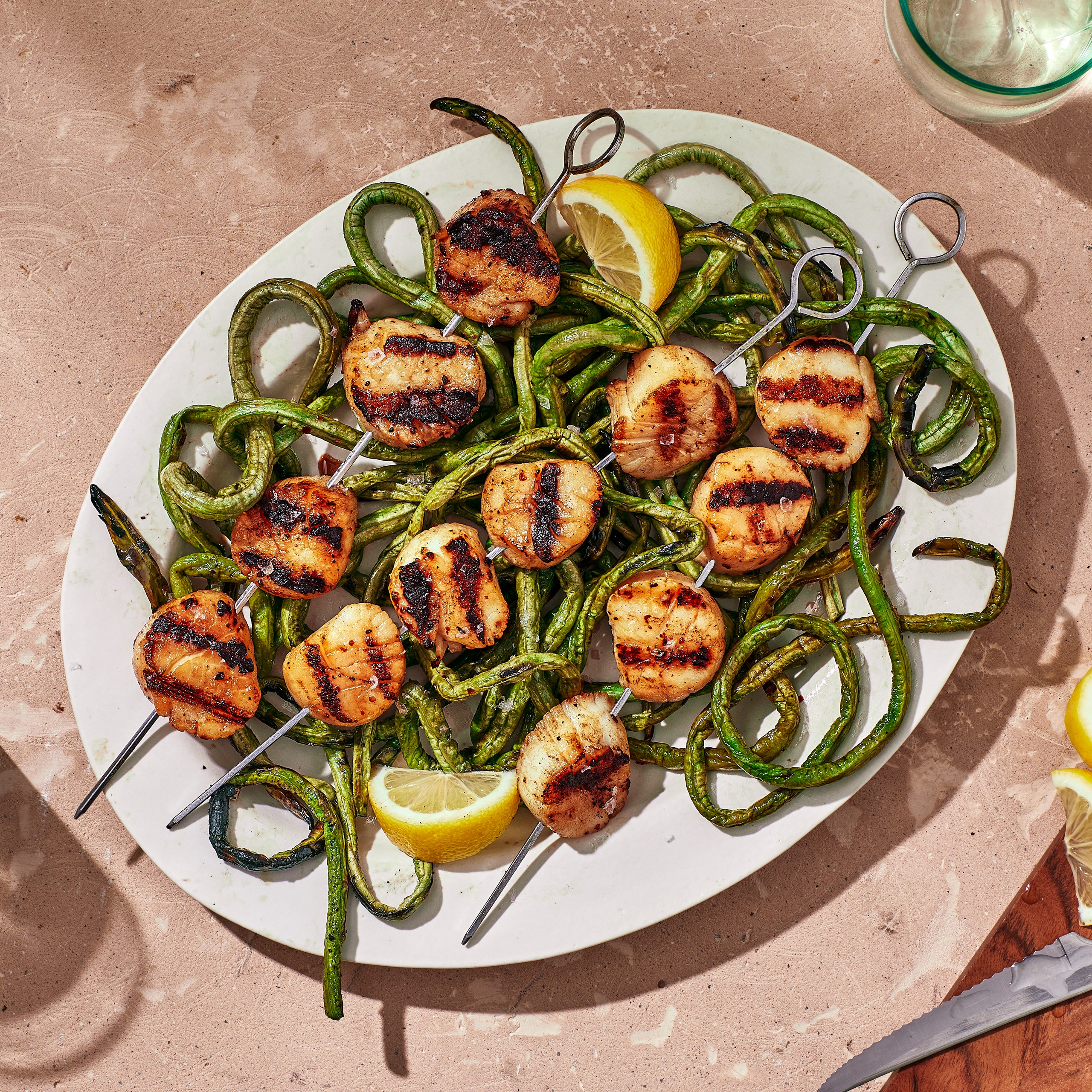 Lemony Grilled Scallops and Blistered Long Beans